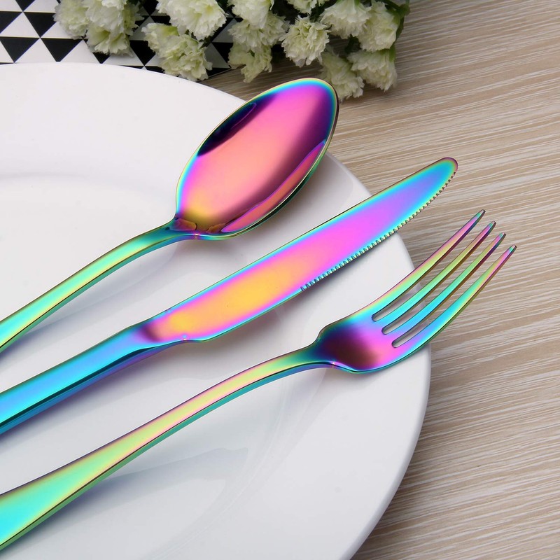Rainbow Silverware Set,SHARECOOK 20-Piece Stainless Steel Flatware Set with Round