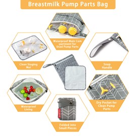 BABEYER Wet Dry Bag for Breast Pump Parts Storage, Waterproof Pump Parts Bag with Place Mat for Moms Pumping at Work-Wave