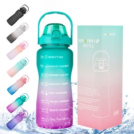 Half Gallon/64oz Daily Sports Water Bottle with Straw Motivational Time Marker,BPA Free Plastic Water Jug,2 Liter Drinking Bottle for Fitness,Travel,Camp and Outdoor Sport(64oz/2000ml,Green Purple Box
