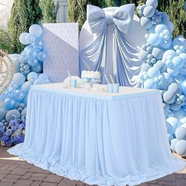 Baby Blue Chiffon Table Skirt - 6ft Sheer Table Cloth for Baby Shower Wedding Birthday Mermaid Theme Party 2 Layer