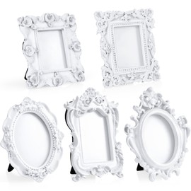 Maitys 5 Pcs Mini Picture Vintage Frames Tiny Antique Photo Baroque Ornate Resin Oval Frame Table Top Display Home Wedding Decor (White)