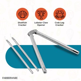 Farberware 3-Piece Seafood Nutcracker Set, Stainless Steel Shell Cracker & Picks - Crack Open Lobster, Crab, Nuts, Hard Shells with Ease - Durable Essential Dining Tool for Seafood, Pecans, Chestnuts