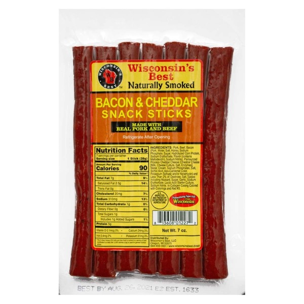 WISCONSIN'S BEST- Bacon & Cheddar Snack Sticks 1oz. (7oz. Package) Meat Snack Sticks Blended with Bacon and 100% Wisconsin Cheddar Cheese. Healthy Meat Snacks Great for Entertaining, Lunches and Gifts! Perfect addition to Charcuterie Boards. Keto Diet Friendly, Low Carb, High Protein Snack Sticks.