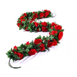 niuniufine 50FT Artificial Flowers Garlands Red 6PCS Silk Rose Hanging Vine with Green Leaves for Hallowen Decoration Home Wedding Arch Party Christmas Flowers Arrangement