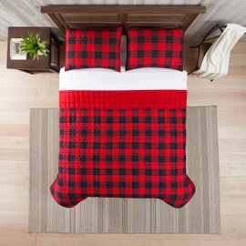 Serta Simply Comfort Alex Soft Modern 3 Piece Buffalo Check Plaid Bedding Quilt Set with Pillow Case for All Season, King, Red/Black