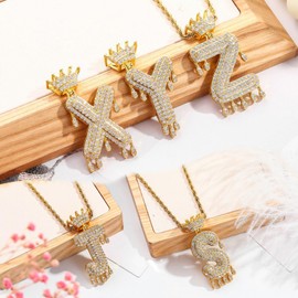 TKMIRA Gold Initial Letter Necklace for Women Men Iced Out Diamond Crown Letter A-Z Pendant Necklace with 24“ Rope Chain Hip Hop Jewelry (gold J)