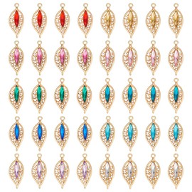 PH PandaHall 40pcs 10 Colors Rhinestone Leaf Charms Oval Crystal Charms Gemstone Pendants Golden Vintage Charm for Bracelet Necklace Jewellery Making Handicrafts 1.2 Inch