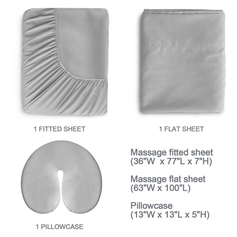 Massage Table Sheets 3-Piece Set, Fitted Sheet/Flat/Face Cover, Grey