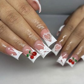 BQZQPAMZ 24pcs Duckbill Shaped Press On Nails Medium French Tip False Nails with 3D White Bow Pearl Cherry Pattern Nail Charms Full Coverage Acrylic Stick on Nails for Women Nail Gift