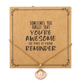 Mikovivi Pink Gold Seashell Pearl Pendant Necklace, Bohemian Style Sea Shell Necklace Layer Charm with Greeting Card Enamel Shell Pendant Marine Animal Chain Beach Lover Gifts for Women