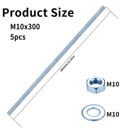 M10 Fully Threaded Rods & Studs, Threaded Bars, Blue Zinc Threads Rods for Anchor Bolts Screws, with Nuts and Washers (5, Blue Zinc, M10 x 300mm)