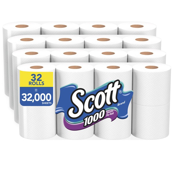 Scott 1000 Toilet Paper, 32 Regular Rolls, Septic-Safe, 1-Ply Toilet Tissue