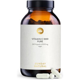 SUNDAY NATURAL Pure Vitamin C High Dose - Pure Vitamin C 1000 mg per Capsule - High-Quality Ascorbic Acid with ≥ 99% Purity - 240 Vegan Capsules - Laboratory Tested, No Other Additives