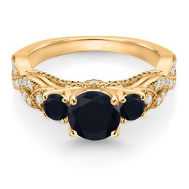 Gem Stone King 18K Yellow Gold Plated Silver Black Onyx and White Moissanite Engagement Ring For Women (1.27 Ct, December Birthstone, Round 6MM and 3MM, Size 8)