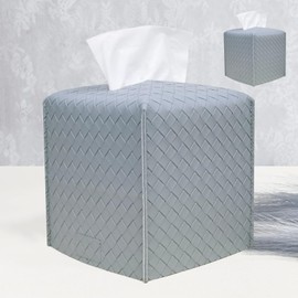 HOMOTEK 2 Pack Tissue Box Cover,PU Leather Tissue Holder,Square Decorative Facial Tissue Cube Paper Organizer Dispenser for Bathroom, Night Stands, Desk, Car 5X5X5'' - Woven Waffle,Light Gray