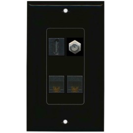 Wallplate City 1 Port HD Coax 2 CAT6 Ethernet Wall Plate DecorZ [ BLACK ]