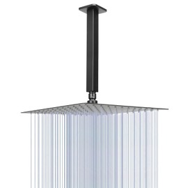 Cabezal de ducha de lluvia con brazo de ducha, cabezales de ducha cuadrados de montaje en techo, cabezal de ducha grande de acero inoxidable, cobertura de cuerpo completo de cascada (cabezal de ducha de 12 pulgadas con brazo) (negro mate)