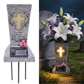 Solar Cemetery Vase for Grave, Resin Outdoor Decor Waterproof Memorial Flower Holder with Cross LED Light, Sympathy Gifts for Deceased Loved Ones, Funeral Outside Fresh or Artificial Flowers