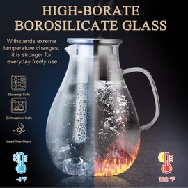 SUSTEAS 2.2 Liter 75oz Glass Pitcher, Water Pitcher with Lid And Wide Handle, Easy Clean Juice Jug for Fridge, Beverage Carafe for Cold/Hot Water, Iced Tea, 1 Long-Handled Brush Included