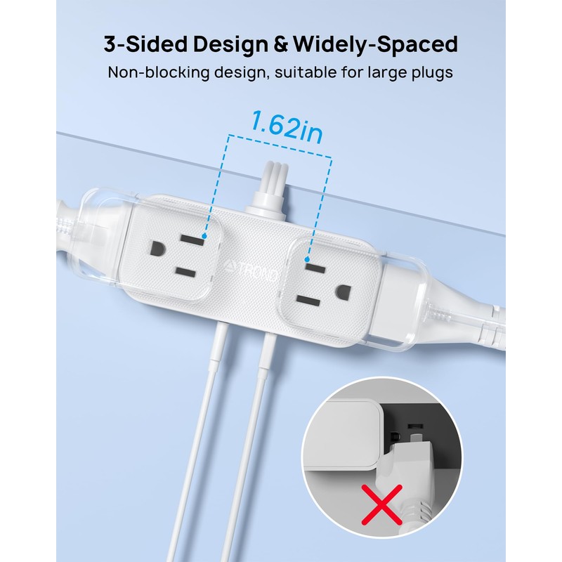 TROND Outlet Extender with 6 Inch Cord, Flat Plug Adapter