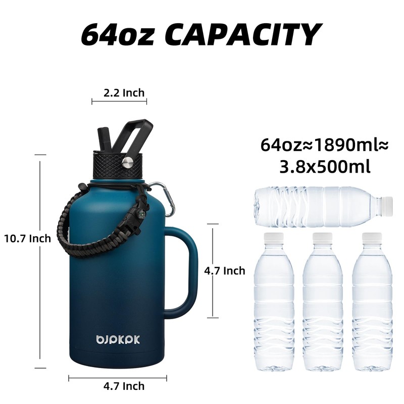 BJPKPK Half Gallon Insulated Water Bottles with Straw Lid &