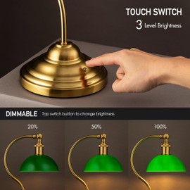 O'Bright Bankers - Cordless LED Table Lamp, Battery-Operated, Rechargeable, 3-Level Dimming, Universal USB-C Charging, 180° Swivel Head, Classic Green Glass Shade, Antique Brass