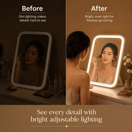 LED Makeup Mirror for Travel & Bedroom – 3-Color Dimmable Tabletop Vanity Mirror with 360° Rotation