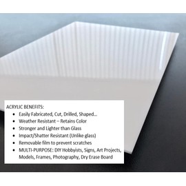 White Cast Acrylic Plexiglass Sheets 1/4” Thick (6 mm) Easy to Cut Plastic Plexi Glass with Protective Paper for Signs, DIY Display Projects, Crafts, Shelves (6" x 12")