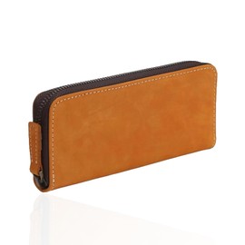 Kameto-Kaban Slim Pencil Case, Genuine Leather, Uses Only the Top Layer of Cowhide, YKK Zipper, W 7.1 x H 3.0 in (18 x 7.5 cm), Simple, Lightweight, Men, Business Use (Fits 2 Pens, Caramel)