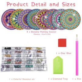 JSTHHTT Pack of 8 Diamond Painting Coasters, Diamond Painting Adults, Diamond Cup Coasters, DIY Mandala Coasters, Non-Slip for Beginners, Adults, Children