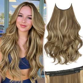 KooKaStyle Invisible Wire Hair Extensions Long Wavy Layered Synthetic with Transparent Wire Adjustable Size 6 Secure Clips Hairpieces for Women 20 Inch (Brown with Golden Blonde Highlight)