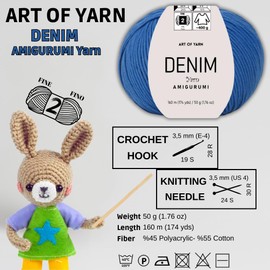 Denim Amigurumi Yarn Art 55% Cotton 45% Poliacrylic 50g 174 Yds Soft Smooth Sport Fine (2) for Crocheting Knitting Blankets Baby Garments More Colors (Denim Blue, Pack 1)