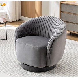 Container Furniture Direct Modern Barrel Swivel Chair with Plush Velvet Upholstery and Smooth 360° Rotation, Round Accent One-Seater Sofa for Living Room, Bedroom, and Office, Grey