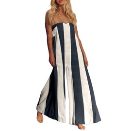 Sujama Linen Summer Wide Leg Jumpsuits Women Strapless Striped Long Rompers 2025 Palazzo Pant One Piece Outfits with Pockets