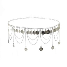 Gold Silver Coin Pendant Waist Chain Tassel Layered Chain Belt Waist Jewelry for Women, Silver, 41.3