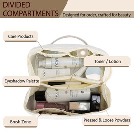 YDR Cosmetic Bag for Women, Large Capacity Travel Makeup Bag, Portable PU Leather Pouch Toiletry Bag, Stylish Wide-Opening Makeup Bag Organizer with Compartments，White