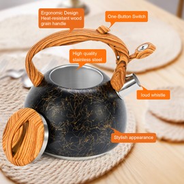 Tea Kettle, 3.2Qt Whistling Tea Kettle for Stove Top, Food Grade Stainless Steel Wood Handle Teapot, Durable for Brewing Coffee, Tea, Milk, Suitable for All Heat Sources.(Golden line)