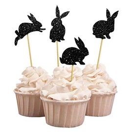 Darling Souvenir, Glitter Black Easter Bunny Rabbit Cupcake Toppers Dessert Decoration Cupcake Toppers - Pack Of 20