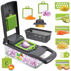 14-in-1 Food Chopper with Container – Veggie Chopper with Container and Lid Includes 6 Blades, Cheese Grater, Egg Separator & Finger Guard, Dishwasher Safe – Veggie Dicer for Chips, Cubes & Strips