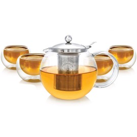 Teabloom Stovetop Safe Glass Teapot with Removable Infuser (40oz/1200ml) and Four Double Walled Glass Cups (5oz/150ml) - Classica Tea Set