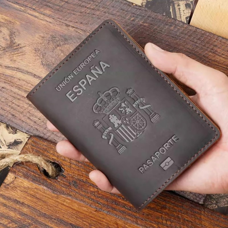 Porta pasaporte español, portadocumentos de piel vaca, tarjetero retro for