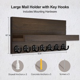 Lwenki Key Holder Wall Mount, Entryway Key and Mail Holder with 7 Sturdy Hooks for Sunglasses, Dog Leash, Decorative Wall Shelf with Mounting Hardware, 15”W x 6.7”H x 4.2”D (Olive Green)