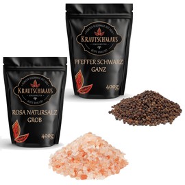 Krautschmaus Salt and Pepper for the Mill 400 g Pink Natural Salt Coarse Known as Himalaya Salt, Crystal Salt from Salt Range Pakistan, Black Peppercorns