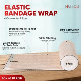 HEALQU Premium Elastic Bandage - Self-Closure Compression Wrap for Legs, Knees, Ankles, Wrists, Elbows, Shoulders - 3 Inch by 5 Yards, Box of 10 Rolls Athletic Stretchable Bandage Wrap