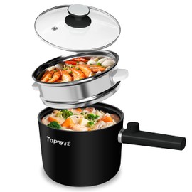 Topwit Hot Pot Electric with Steamer, 1.5L Ramen Cooker, Non-Stick Sauté Pan, Portable Cooking Pot, Electric Cooker with Dual Power Control, BPA Free, Over-Heating & Boil Dry Protection, Black