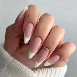 White French Tip Press on Nails Medium Almond Fake Nails Upgrade Pink Acrylic Nails Reusable False Nails with Design Rhinestone Glue on Nails Full Cover Pink Stick on Nails for Women Manicure 24pcs