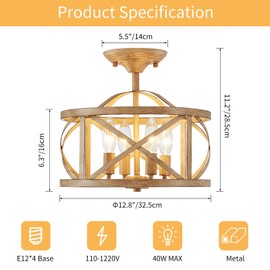 Semi Flush Mount Ceiling Light Fixture Vintage Ceiling Light Farmhouse Ceiling Light Metal Cage Ceiling Lamp for Kitchen Dining Room Hallwa Bedroom Living Room (Beige)