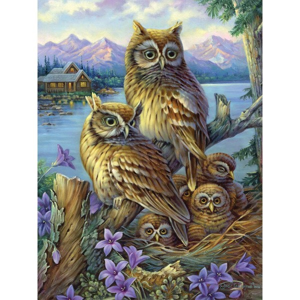 Bits and Pieces - 1000 Piece Jigsaw Puzzle for Adults 20" x 27"  - Owls in The Wilderness - 1000 pc Owl, Baby Owls, Forest, Cabin in The Woods Jigsaw by Artist Oleg Gavrilov