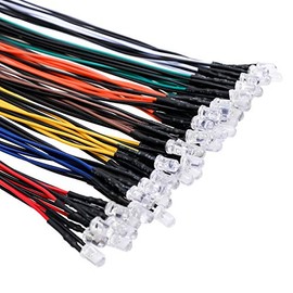 56pcs (7 Colors x 8pcs) 12 Volt LED Lights Emitting Diodes Pre Wired DC 12v 5mm LED Assorted Kit Clear Lens- White Warm-White Red Yellow Green Blue Or