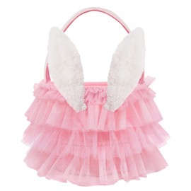 Bunny Chorus Tutu Easter Basket, Pink Ruffled Shining Tulle with Fluffy Bunny Ears, Easter Theme Party Favors Stuffers Gifts for Girls, Easter Egg Hanting Decorations Party Supplies